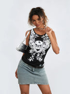 Goth Tank Fairy Grunge Skull Print HollowOut Sleeveless Summer Running Crop Top