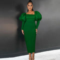 Green Long Dresses Square Collar Lantern Sleeve Evening Party Gowns