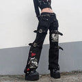 Gothic Retro Washed Print LowRise Cool Loop Hip Hop WideLeg Street Pants
