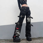 Gothic Retro Washed Print LowRise Cool Loop Hip Hop WideLeg Street Pants