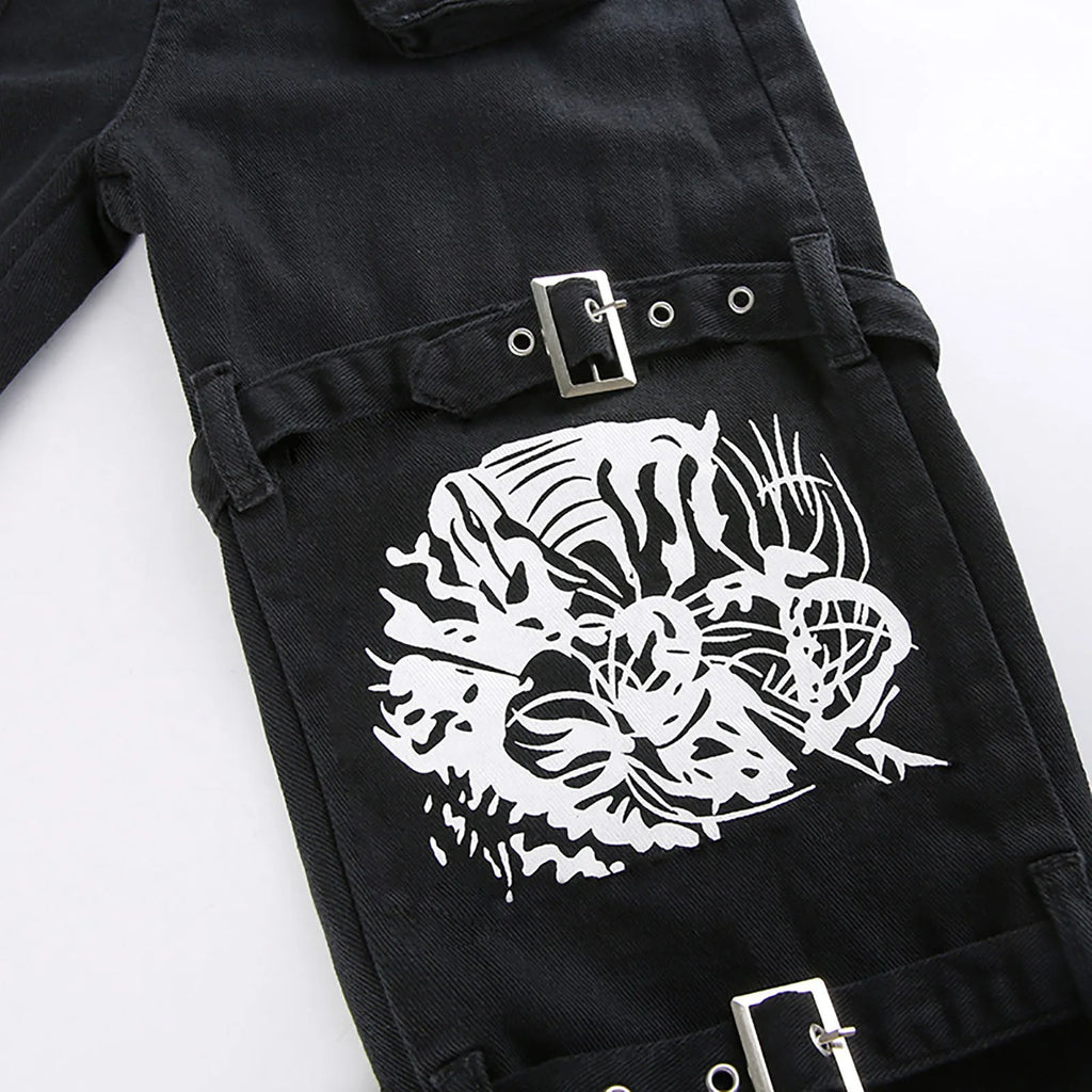 Gothic Retro Washed Print LowRise Cool Loop Hip Hop WideLeg Street Pants