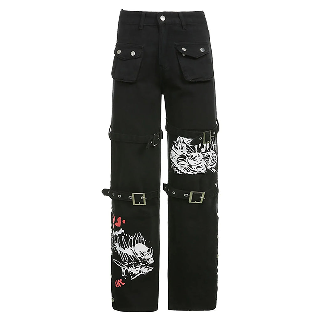 Gothic Retro Washed Print LowRise Cool Loop Hip Hop WideLeg Street Pants