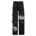Gothic Retro Washed Print LowRise Cool Loop Hip Hop WideLeg Street Pants