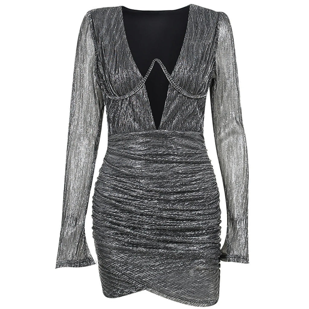 Deep V Neck Tempting Wrap Hip Solid Color Long Sleeve Bodycon Pleated Slim Mini Evening Dress