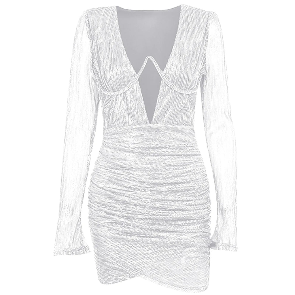 Deep V Neck Tempting Wrap Hip Solid Color Long Sleeve Bodycon Pleated Slim Mini Evening Dress