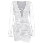 Deep V Neck Tempting Wrap Hip Solid Color Long Sleeve Bodycon Pleated Slim Mini Evening Dress
