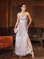 Women Sexy Strapless Backless Lace Slit Party Dress