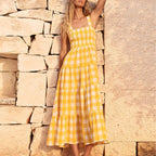 Fashionable Loose Strappy Plaid Vacation Beach Party Sleeveless Casual Tiered Midi Dress
