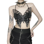 Gothic ButterflyShape Sexy Black Halter Strappy Backless Crop Top