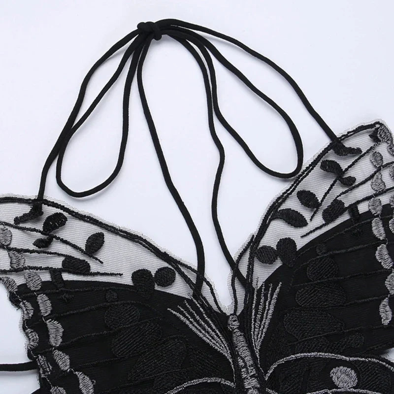 Gothic ButterflyShape Sexy Black Halter Strappy Backless Crop Top