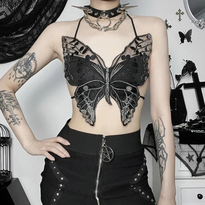 Gothic ButterflyShape Sexy Black Halter Strappy Backless Crop Top