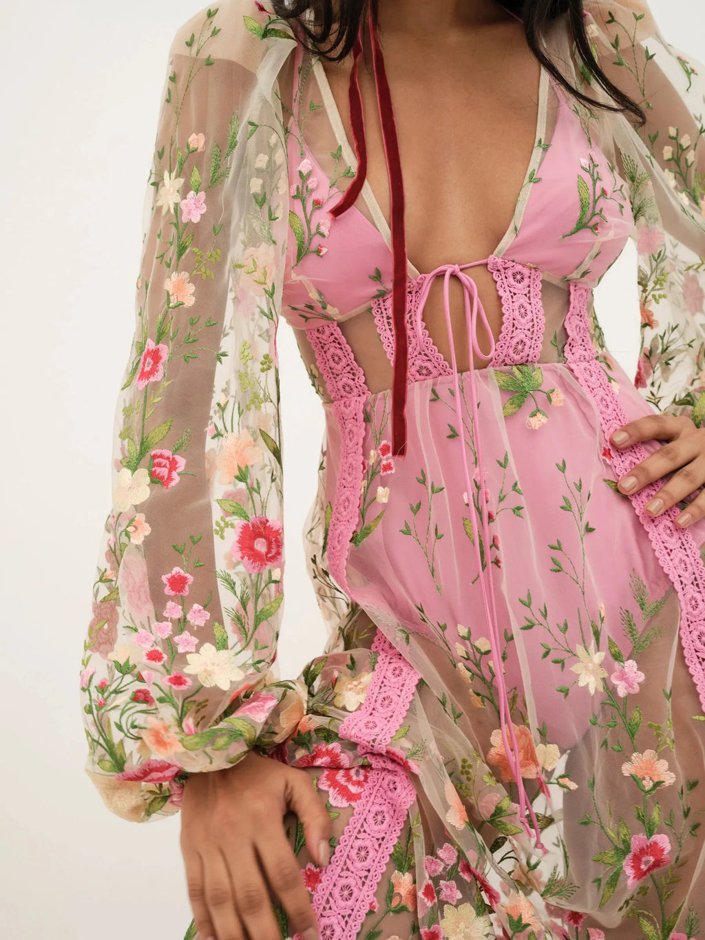DressBetty - 2024 Women Backless See-through V-Neck Long Sleeve Floral Dress