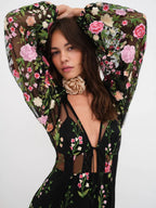DressBetty - 2024 Women Backless See-through V-Neck Long Sleeve Floral Dress