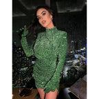 Summer Sexy Turtleneck Long Sleeve Velvet Green Mini Sequins Bodycon Party Dress