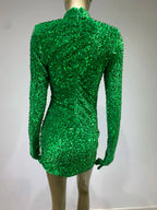 Summer Sexy Turtleneck Long Sleeve Velvet Green Mini Sequins Bodycon Party Dress