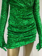 Summer Sexy Turtleneck Long Sleeve Velvet Green Mini Sequins Bodycon Party Dress