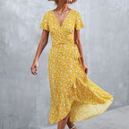 Summer V Neck Ruffle Short Sleeve Split Wrap Maxi Tie Waist Casual Flowy Long Party Smocked For Women Dress