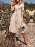 DressBetty - Women Vintage Holiday V Neck Buttons High Waist A-Line Casual Dress