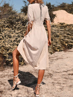 DressBetty - Women Vintage Holiday V Neck Buttons High Waist A-Line Casual Dress