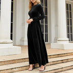 Autumn New Green Velvet Long Dress Elegant Vintage O-neck Lace-up Party Dress