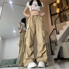Khaki Straight Baggy Wide Leg High Waist Drawstring Sweatpants