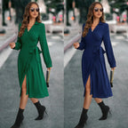Cross Vneck Dark Green Korean Slim Midi Dresses