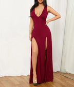 Deep Vneck Wine Red Tight Wedding Slim Midi Dresses