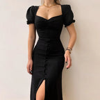 Casual Solid Square Neck Aline Pleated Midi Dress