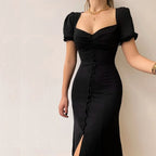 Casual Solid Square Neck Aline Pleated Midi Dress