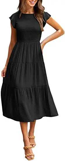 Flying Pleated Layering Solid Swing Trending Loose Midi Dresses