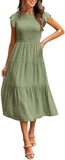 Flying Pleated Layering Solid Swing Trending Loose Midi Dresses