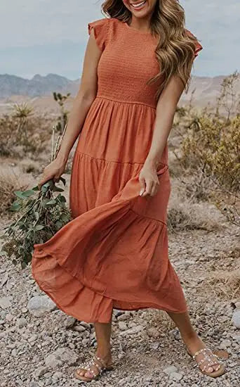 Flying Pleated Layering Solid Swing Trending Loose Midi Dresses