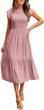 Flying Pleated Layering Solid Swing Trending Loose Midi Dresses