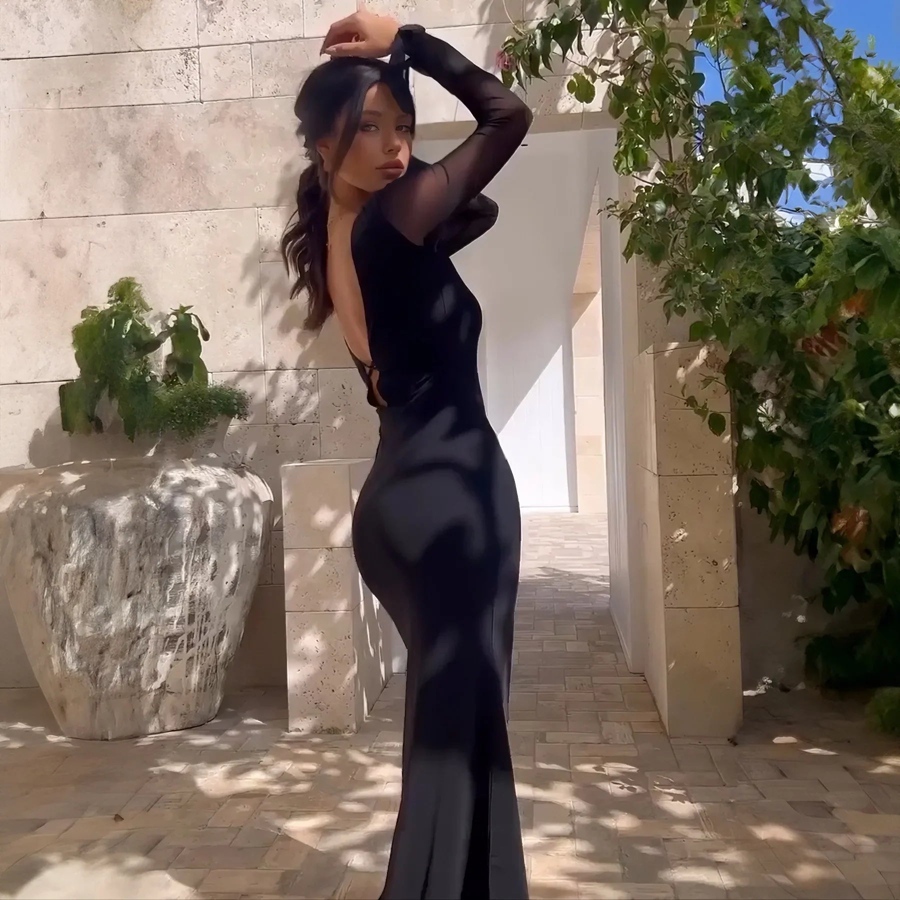 Black Hollow Mesh Deep Laceup Elegant Y2K Midi Dresses