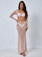 Women's Perspective Mesh Crystal Two Piece Set Square Neck Party Dress