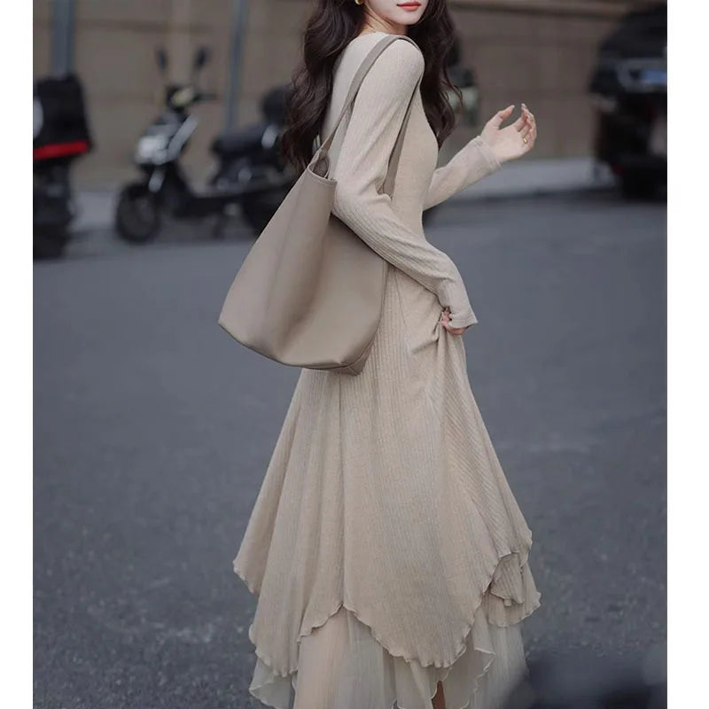 Knit Waist Skirt Midi Dress