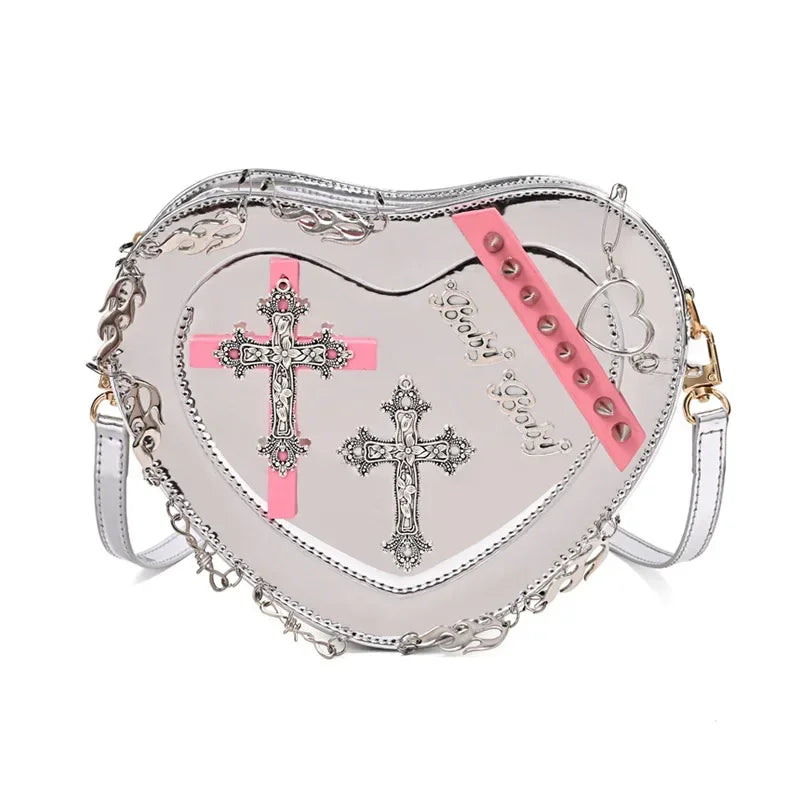 HeartShaped Leather Gothic Punk Crossbody Metal Decoration Shoulder Bag