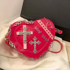 HeartShaped Leather Gothic Punk Crossbody Metal Decoration Shoulder Bag