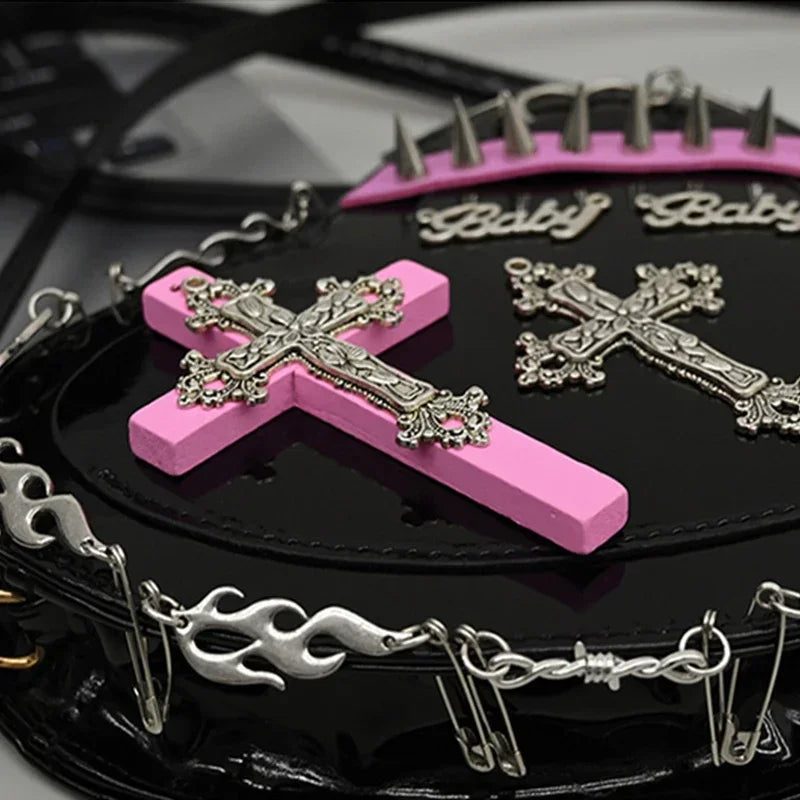 HeartShaped Leather Gothic Punk Crossbody Metal Decoration Shoulder Bag