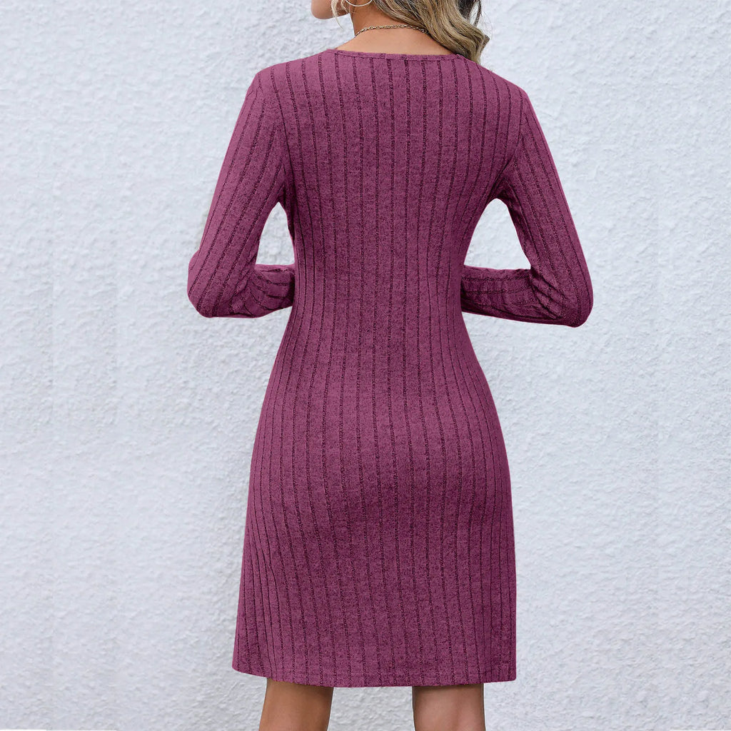 Chic VNeck Buttoned Waist Long Sleeve Solid Color Midi Dress