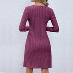 Chic VNeck Buttoned Waist Long Sleeve Solid Color Midi Dress