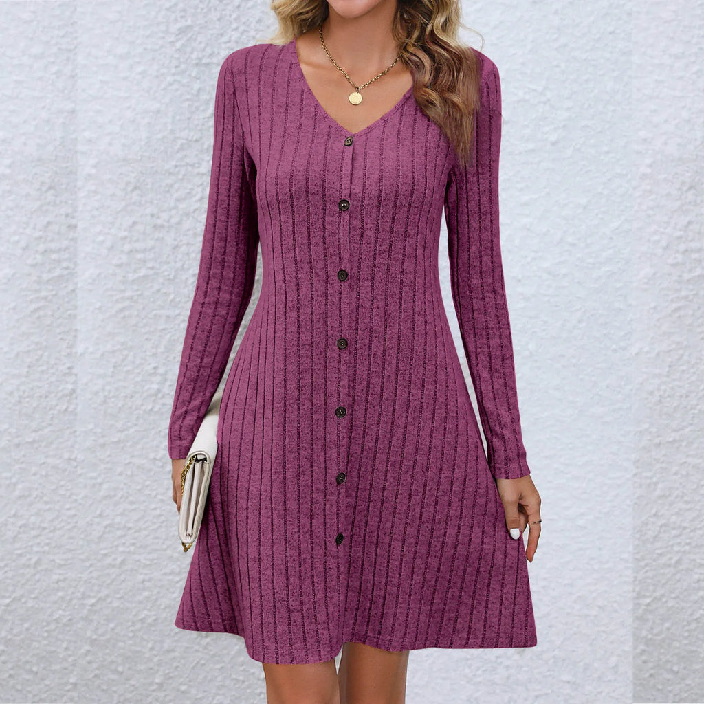 Chic VNeck Buttoned Waist Long Sleeve Solid Color Midi Dress