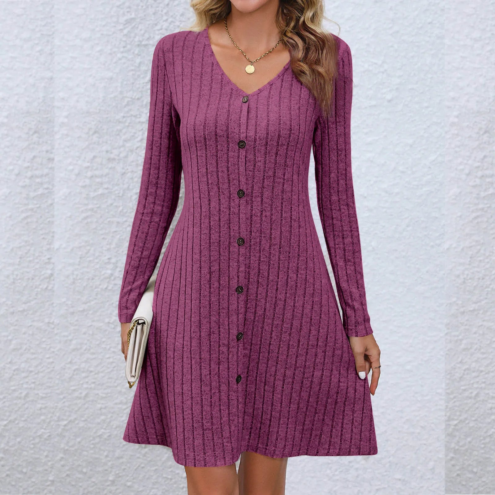 Chic VNeck Buttoned Waist Long Sleeve Solid Color Midi Dress