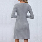 Chic VNeck Buttoned Waist Long Sleeve Solid Color Midi Dress