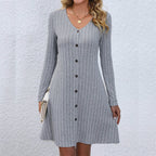 Chic VNeck Buttoned Waist Long Sleeve Solid Color Midi Dress