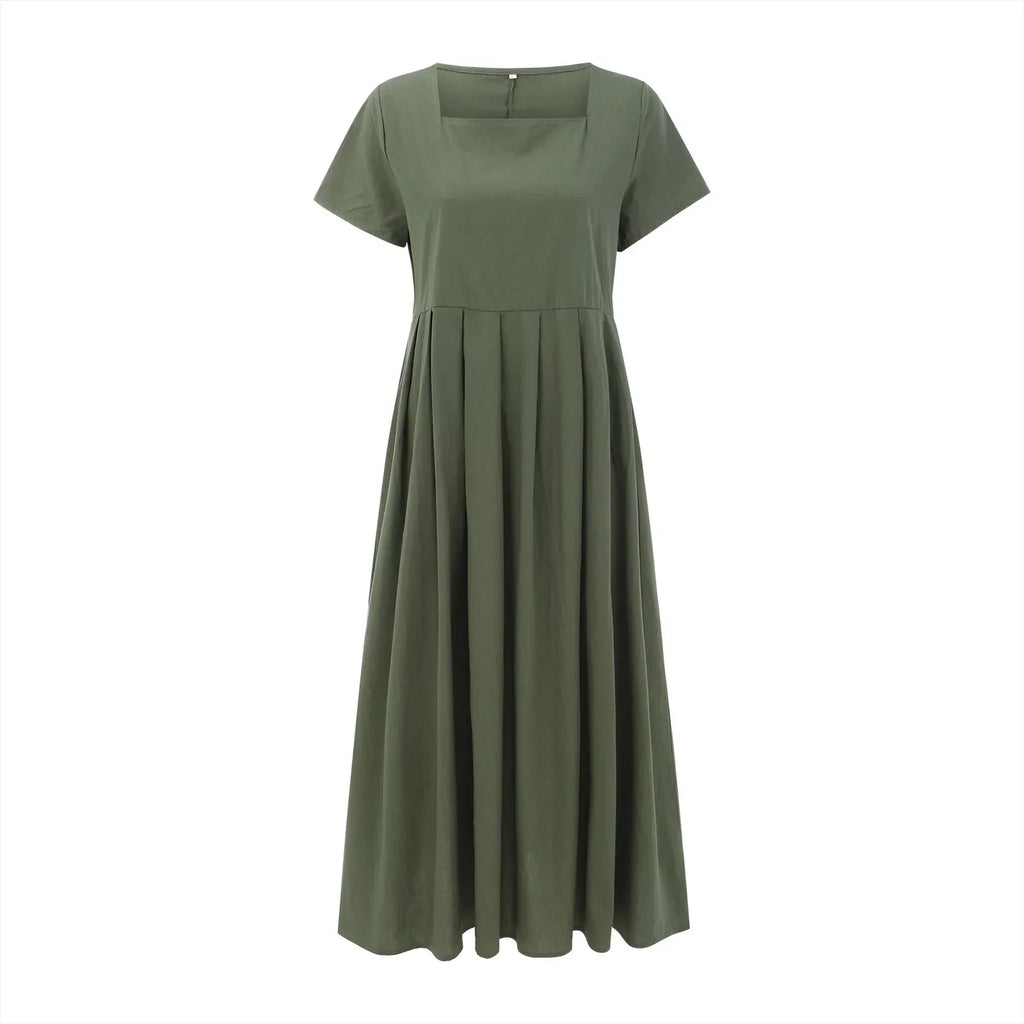 Casual Solid Color Square Collar Cotton Linen Swing Party Midi SunVestidos Dress
