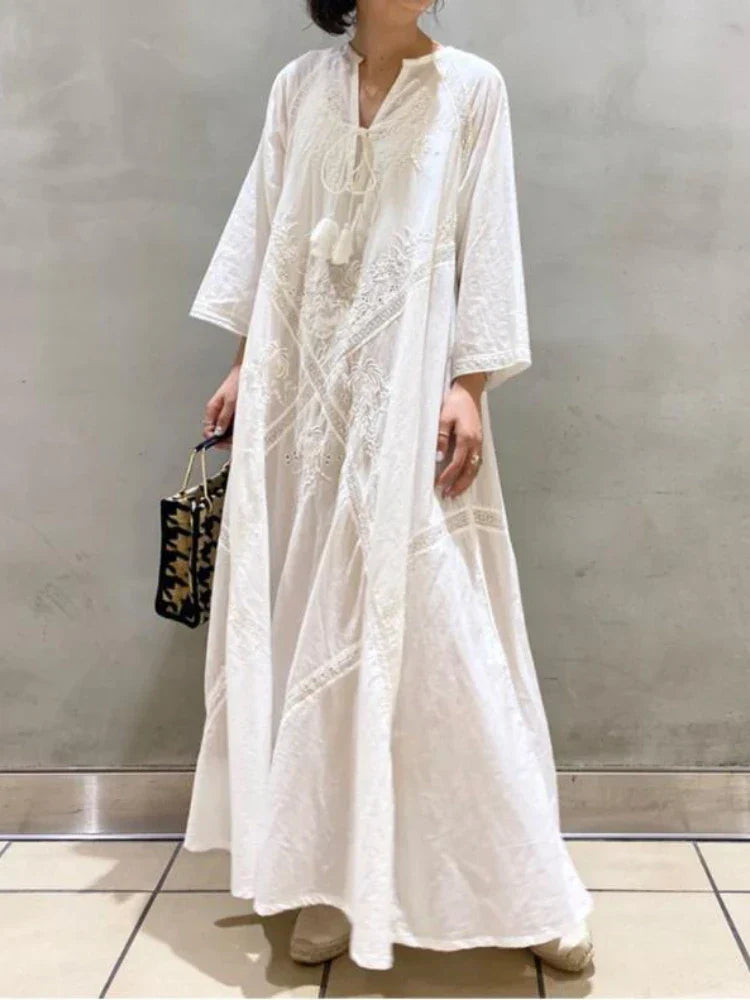 Elegant Embroidered White Lace VNeck Boho Dress