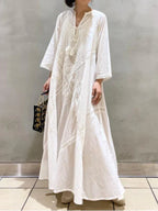 Elegant Embroidered White Lace VNeck Boho Dress