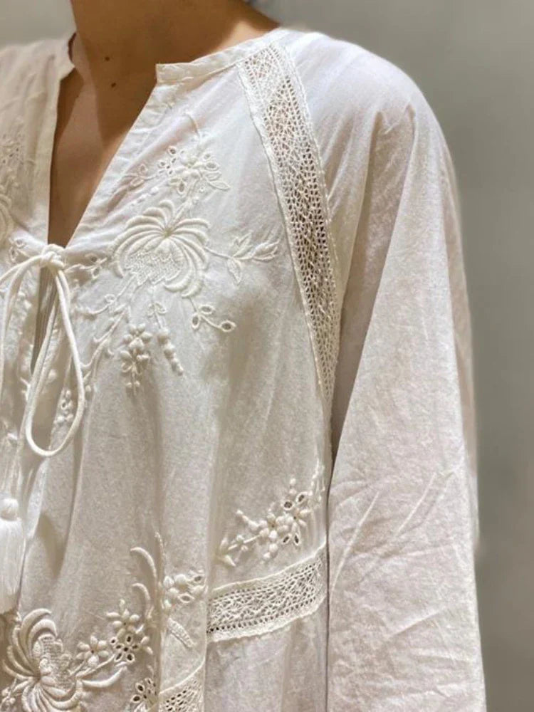 Elegant Embroidered White Lace VNeck Boho Dress