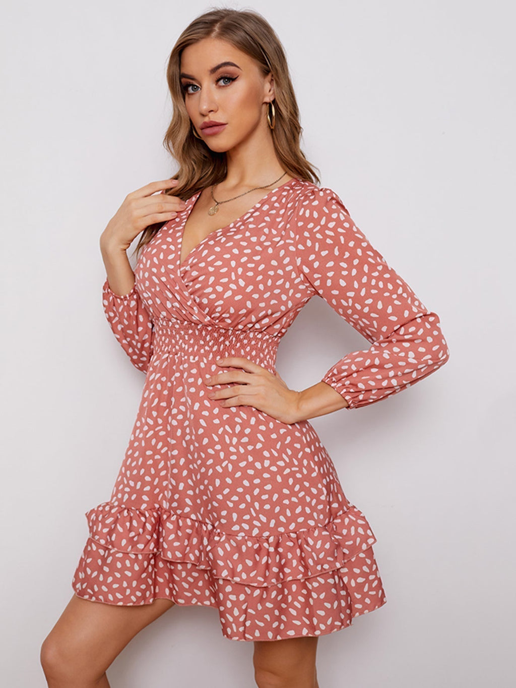 Women's sexy v neck bubble long sleeve small floral dress